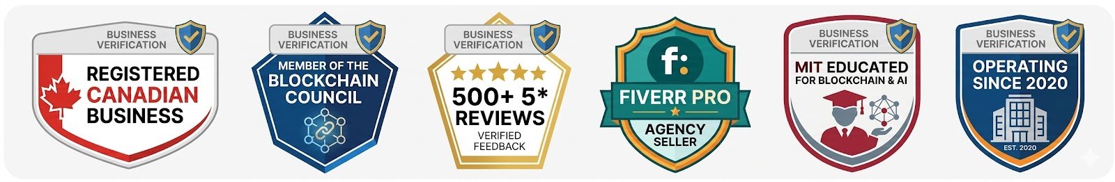 WebDNA.pro Credentials — Registered Canadian Business, Blockchain Council Member, 500+ Five-Star Reviews, Fiverr Pro Agency Seller, MIT Educated for Blockchain and AI, Operating Since 2020